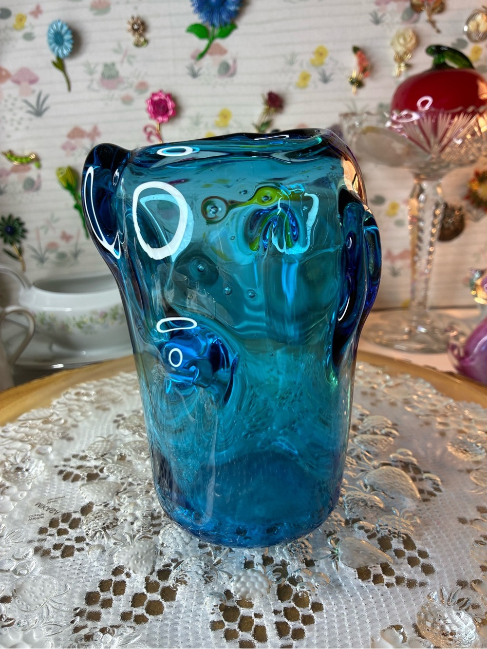 Turquoise knobbly art glass vase